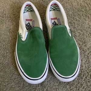 Green suede Vans Pro slip ons.